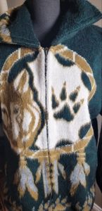 VINTAGE YARINA WOOL WOLF PRINT ZIP UP CARDIGAN